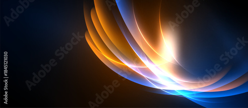 Abstract swirls, vibrant colors, dynamic light. Orange, blue hues blend, creating energy, movement. Dark background emphasizes luminosity.