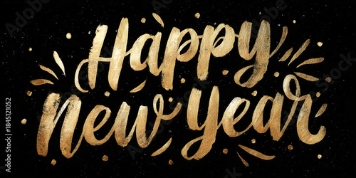 Happy New Year text with golden ink on black background. Generative AI