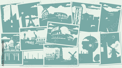 Collage of iconic landmarks from around world in blue and white tones