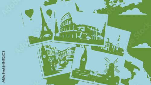 Green silhouette postcard collage of famous european landmarks on map background