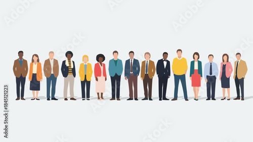 Diverse group of people standing together in a line showcasing unity and variety.