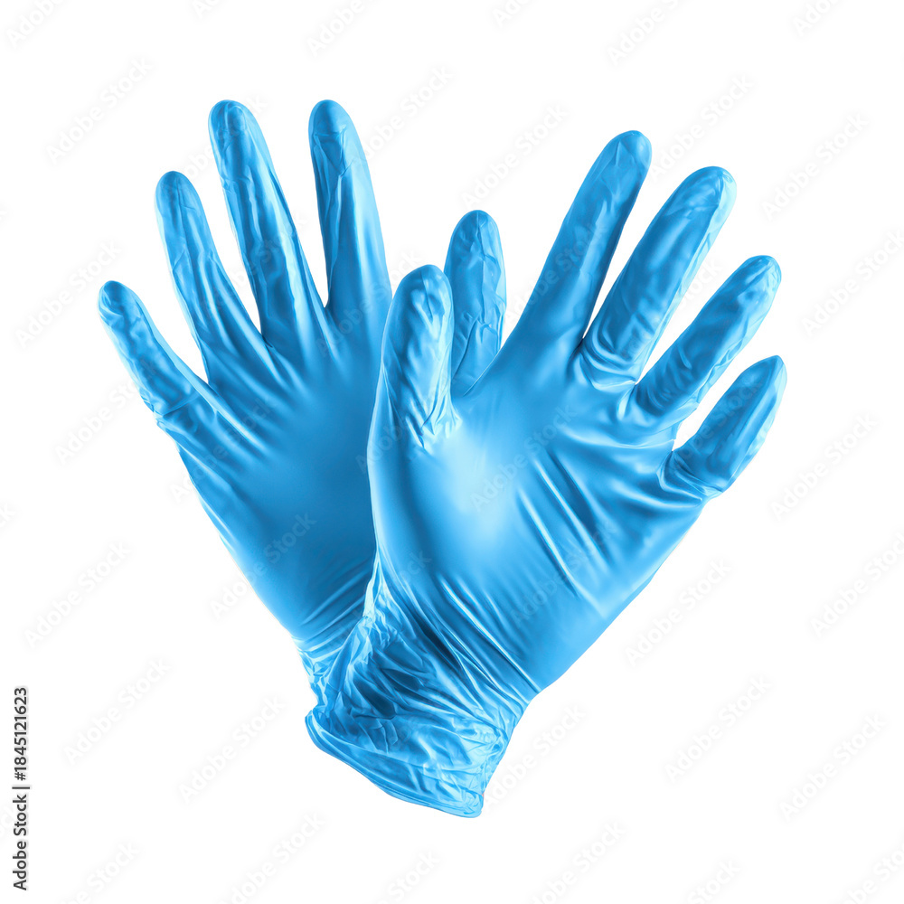Fototapeta premium Pair of blue latex gloves with fingers spread against black background hands, Png On White Background, Isolated on Transparent Background, Cut Out