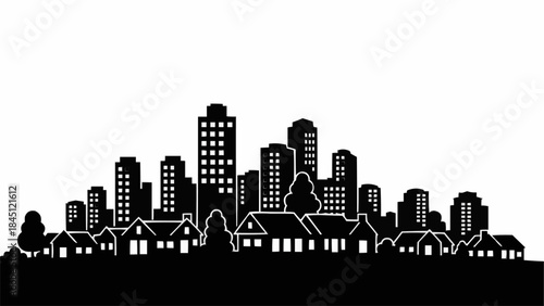Silhouette of a Cityscape with Buildings and Houses.