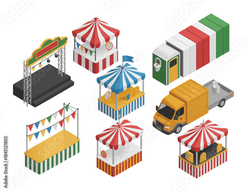 Isometric carnival or fair elements, vector illustration