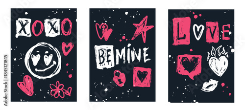 Hand-drawn grunge Valentine’s Day vector cards set with bright textured love phrases, hearts, flowers and doodle symbols on dark background. Perfect for greeting cards, stickers and romantic designs