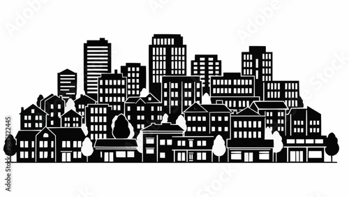 Diverse Cityscape Silhouette with Varied Buildings and Trees.