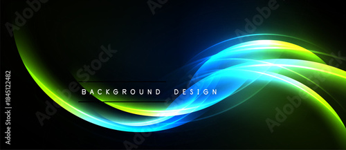 Abstract neon waves flow across dark background. Vibrant blue, green hues create dynamic visual effect. Text reads background design.