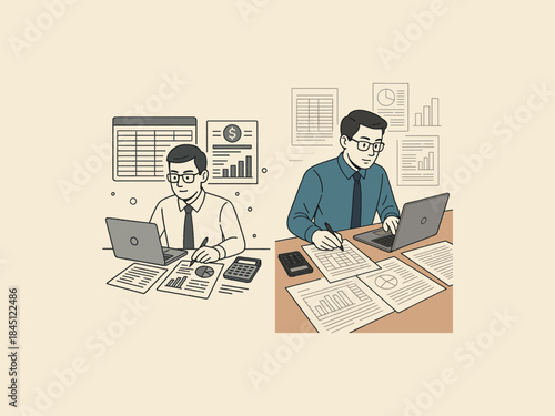 Accountant working with laptop, spreadsheet and financial documents