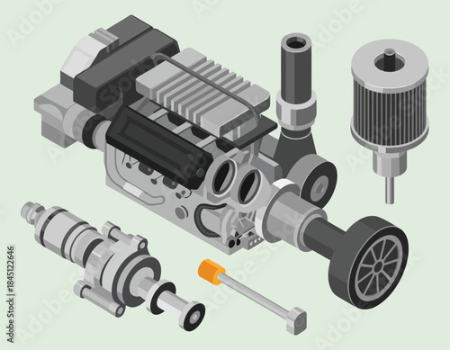 Isometric car engine parts assembly on light green background illustration