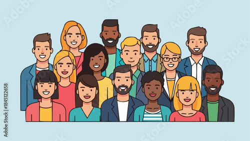 Diverse group of people smiling and looking forward together.