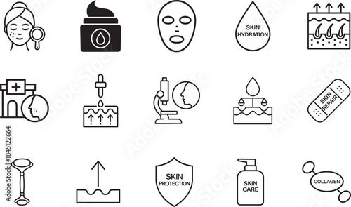   Skin care outline icon set for moisture cream, collagen treatment and dermatology design.