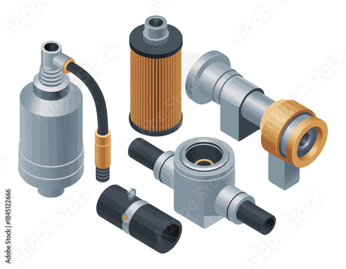 Isometric illustration of various car parts