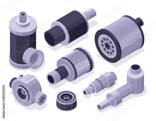 Isometric car parts, including filters and pumps