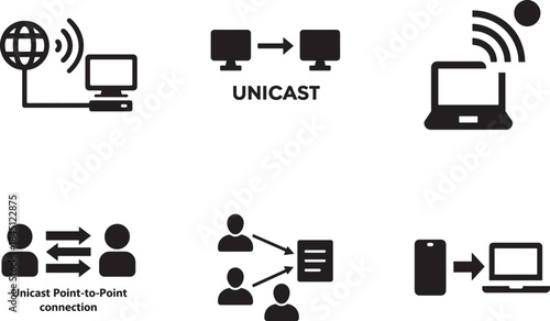   Unicast icon flat line symbol set for network communication and data transmission design.