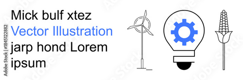 Sustainability, renewable energy, agriculture, innovation, eco-technology, green solutions. Wind turbine, light bulb with gear corn cob illustration. Renewable energy and innovation concept