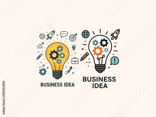 Business idea lightbulb with gears and innovation icons, creative