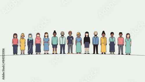 Diverse group of people standing together in a line showcasing unity and variety.