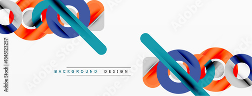Abstract shapes overlap, creating dynamic composition. Orange, teal, blue hues dominate white background. Minimalist design suggests modern aesthetic.