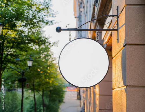Blank Round Projecting Blade Sign Mockup on Cafe Wall - Blurred Street Background