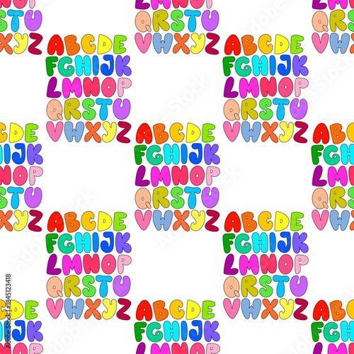 Seamless pattern with colorful doodle alphabet letters in playful blocks. Bright hand drawn 