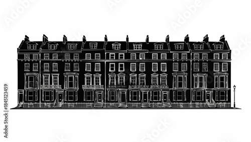Row of Georgian Townhouses Facade Architectural Illustration.