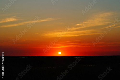 Sunrise over a lake surrounded by tall grass on a warm summer day