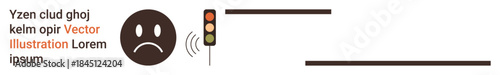 Traffic safety, emotions, communication issues, alert systems, urban navigation, and sound signals. A sad face emotion next to a traffic light with emitted sound waves. Traffic safety and emotions