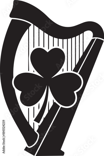 Black silhouette of an irish harp with a shamrock clover leaf emblem