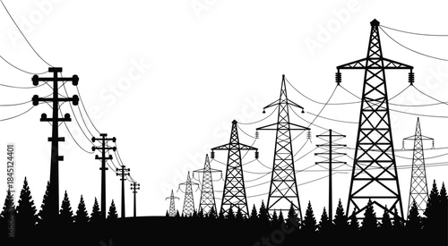 Electrical tower silhouettes, utility poles, transmission lines, rural landscape, black silhouette, power infrastructure, pylons, energy grid, forest, distribution