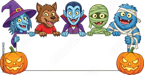Halloween, cute, monster, characters, holding, blank, banner, cartoon, illustration, spooky, party, design, with, pumpkin, vampire, werewolf, mummy, witch, friendly, template