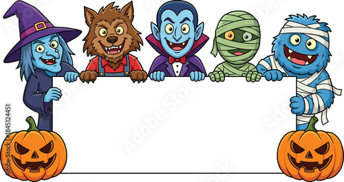 Halloween, monster, characters, holding, blank, banner, cartoon, illustration, spooky, party, design, with, pumpkin, vampire, werewolf, mummy, witch, ghost, festive, template