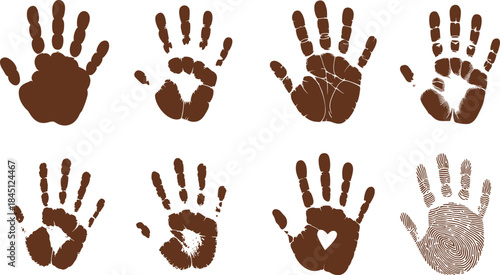 Brown handprint silhouettes, artistic texture, fingerprint detail, heart shape, unique design, forensic, identity, creativity, symbol, palm art, expression