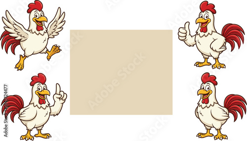 Cute cartoon chicken characters set, funny rooster poses around blank banner, farm animal mascot illustration, advertising template design