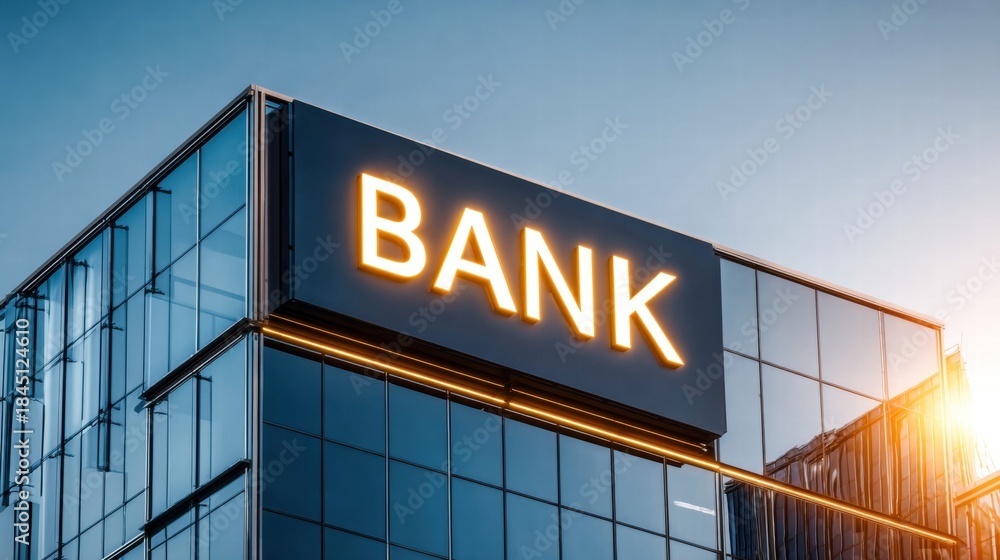 Obraz premium The bank building with illuminated sign represents financial services in the city.