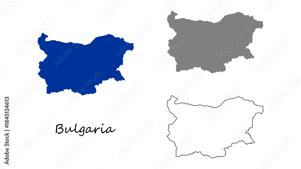 Naklejka premium Bulgaria map set. Bulgaria map vector. Bulgaria map on blue, gray, and outline. Suitable for education, infographics, travel design, presentations, and European geography visuals