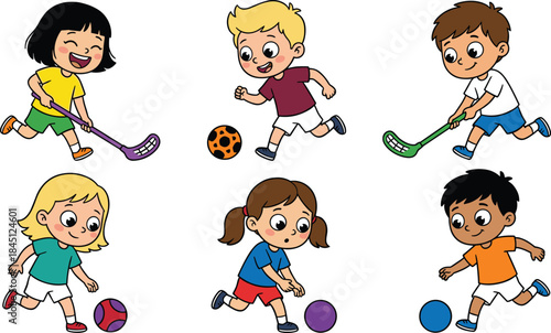 Cute, kids, playing, floorball, cartoon, children, sports, activity, teamwork, fun, happy, childhood, colorful, illustration, healthy, lifestyle, education, game, motion, concept