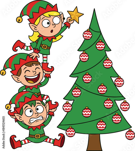 Cute, Christmas, elves, stacking, together, decorating, festive, Christmas, tree, with, ornaments, star, holiday, cartoon, illustration, winter, celebration, joyful, teamwork, scene