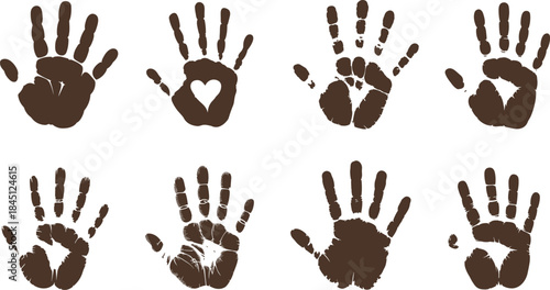 Handprint, silhouette, set, human, palm, texture, abstract, art, symbol, child, paint, imprint, collection, brown, isolated, white, background, vector, illustration, design