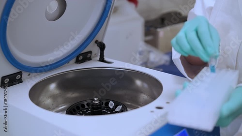 Woman hands in rubber gloves insert test tubes to centrifuge in chemical laboratory 