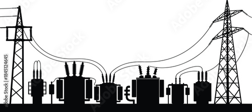 Electric power substation silhouette with transformers transmission towers and high voltage lines energy infrastructure black vector illustration isolated