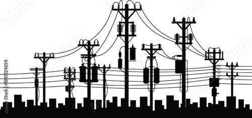 Urban power grid silhouette with electrical utility poles transformers cables city skyline infrastructure energy distribution illustration black vector design background