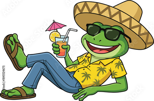Relaxed frog enjoying summer vacation, cartoon tropical lifestyle character, fun holiday illustration, cheerful travel concept design art