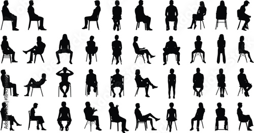 Sitting people silhouette mega set, male and female seated chair poses, black human figures, isolated collection, minimal style, white background
