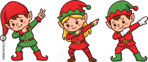 Cute Christmas elves dancing together, festive cartoon holiday characters, joyful winter celebration illustration, kids xmas party concept art
