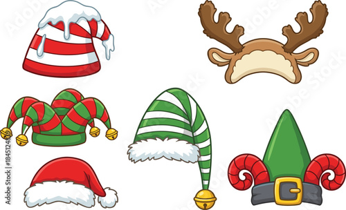 Cute Christmas hats collection, festive cartoon winter headwear icons, holiday accessories illustration, xmas elf santa reindeer design set