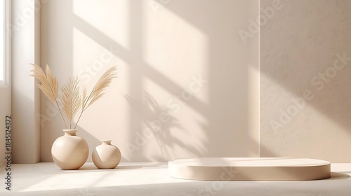 Minimalist window display with vase and pampas grass