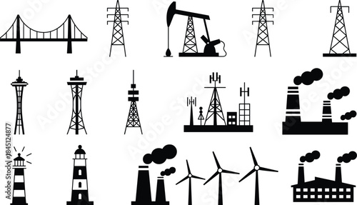 Infrastructure silhouette icons, bridge, transmission towers, oil pump, factory, wind turbine, lighthouse, communication tower, black silhouette, energy