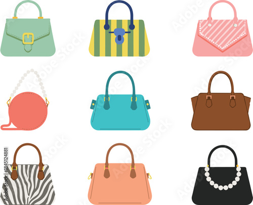 Diverse collection of nine colorful ladies' fashion handbags featuring modern and classic styles with pearl and plaid details, representing accessories, female elegance, 