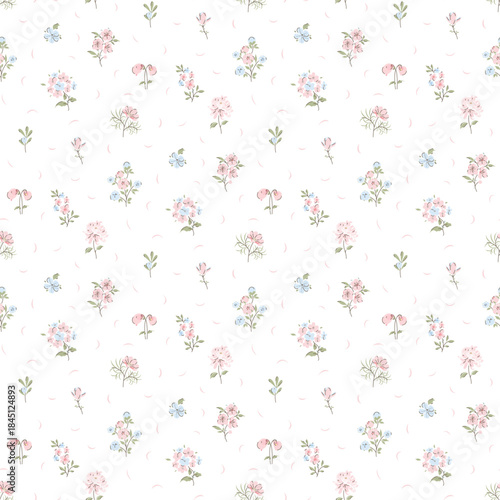 Vintage floral background. Floral pattern with small tiny meadow flowers on a white background. Cute ditsy style. Flower seamless pattern for fashion, texture, fabric, wallpaper, fashion prints.