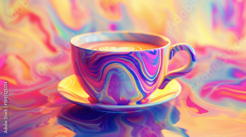 Colorful Psychedelic Coffee Cup with Abstract Swirl Background